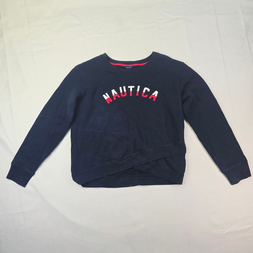Nautica Logo Crossover Hem Sweatshirt Women's Medium Navy Blue Fleece Pullover